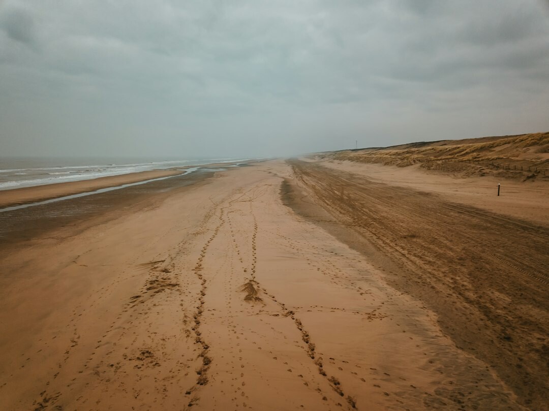 Danish coastal landscape with grey sea and dunes under an overcast sky